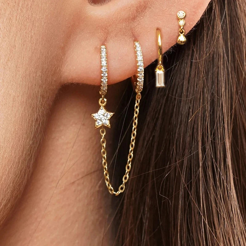 Vintage Stainless Steel Crystal Star Chain Hoop Earrings Trendy Punk