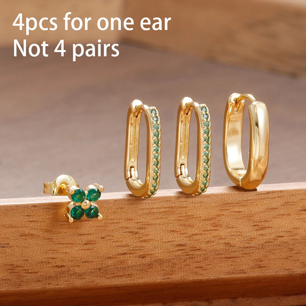 4PCS Simple Zircon U-Shape Hoop Earrings Set Stainless Steel Flower