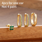 4PCS Simple Zircon U-Shape Hoop Earrings Set Stainless Steel Flower