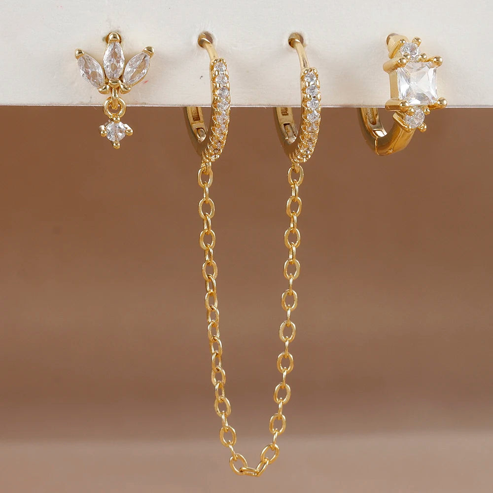 3PCS Sets Stainless Steel Two Hole Hoop Earring Small Leaf Studs