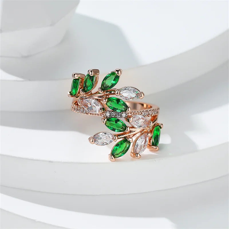 Marquise Cut Royal Blue Green Purple Pink Zircon Leaf Rings For Women Rose Gold Color Boho Cocktail Ring Wedding Bands Jewelry