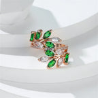 Marquise Cut Royal Blue Green Purple Pink Zircon Leaf Rings For Women Rose Gold Color Boho Cocktail Ring Wedding Bands Jewelry