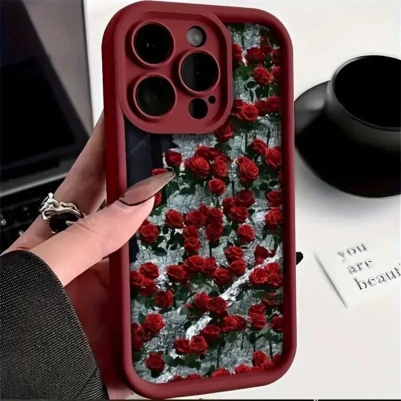 Wine Red & White Rose Case for iPhone 16 15 14 13 12 11 Pro Max XR 7 8 Plus