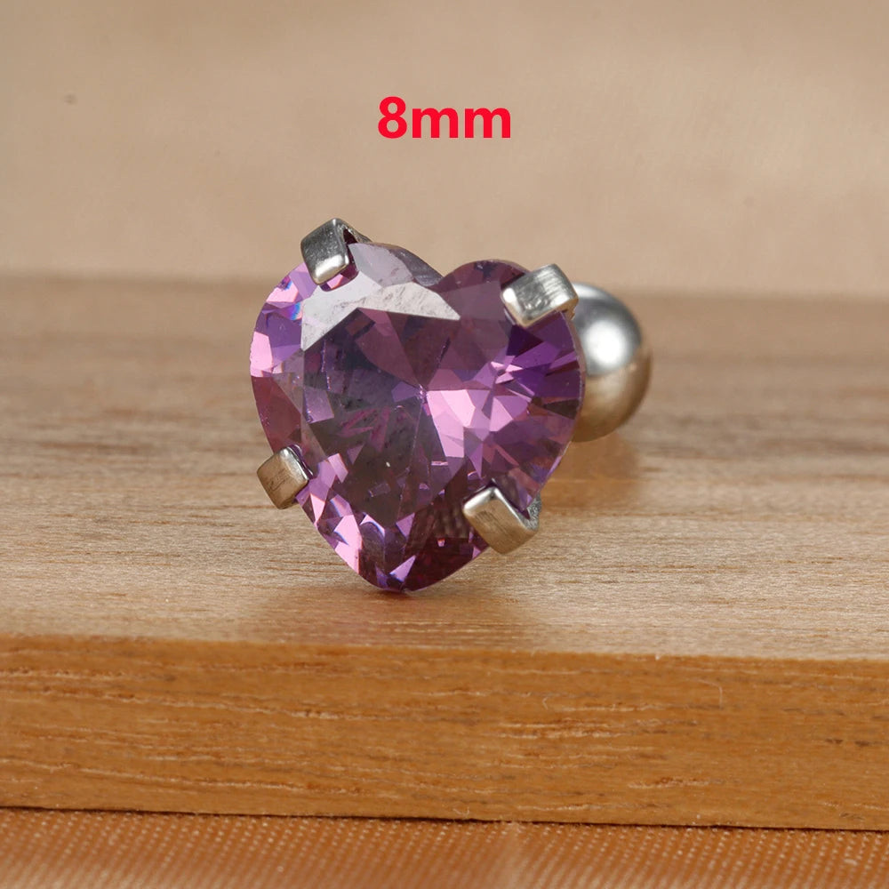 1PC Heart Stainless Steel Ear Studs Purple Crystal Stud 3-8mm