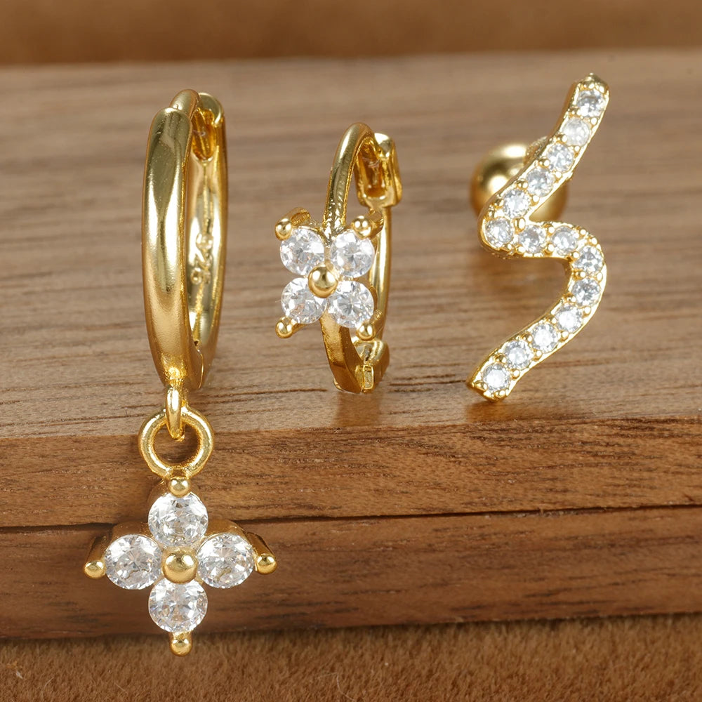 3PCS Four Flower Zircon Little Hoop Earring Star Cartilage Piercing