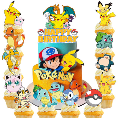 25pc Pokemon Cupcake Toppers & Large Happy Birthday Cake Topper - Ship from UK