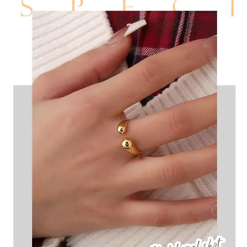925 Sterling Silver Smooth Double Ball Beads Ring Adjustable Gold Colour Geometric Couple Jewellery