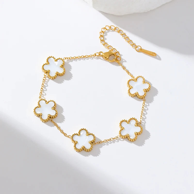White Flower Stainless Steel Bracelet Five-Leaf Clover Wrist Jewellery