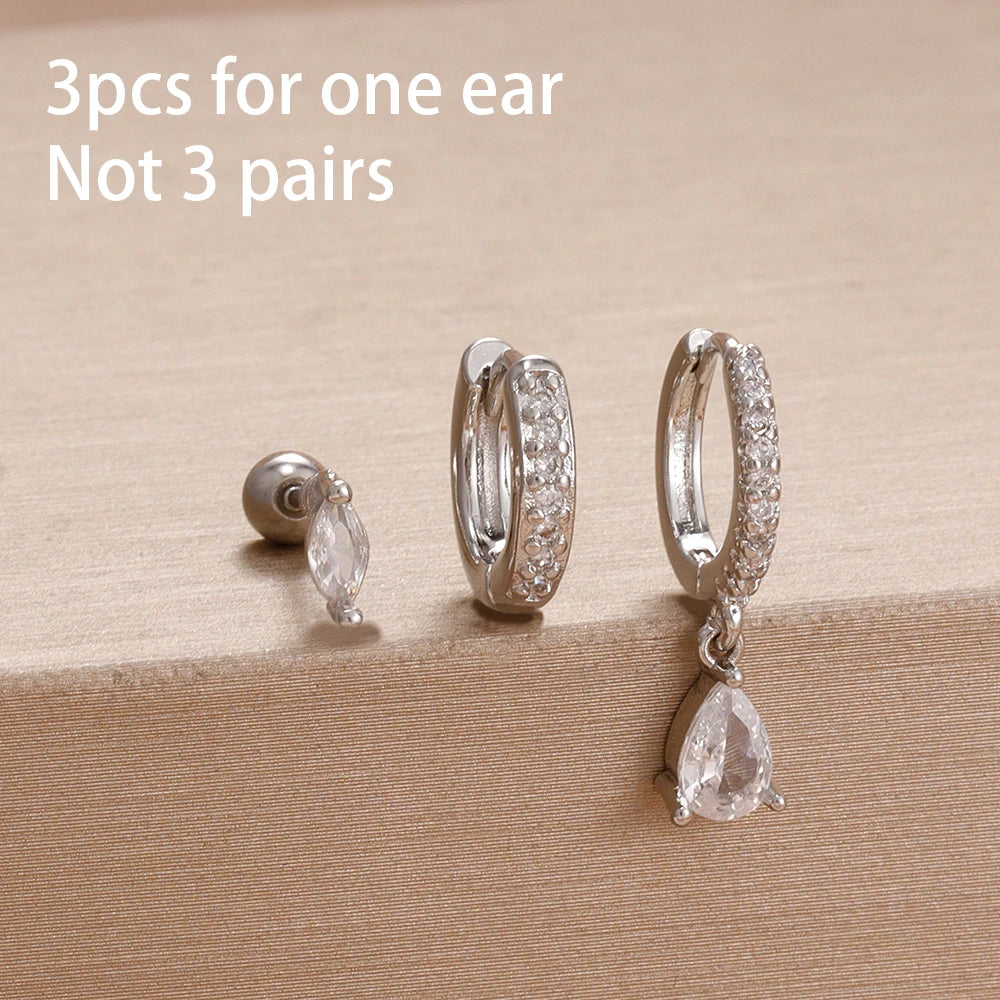 3PCS Fashion Simple Zircon Hoop Earrings Set Stainless Steel Punk
