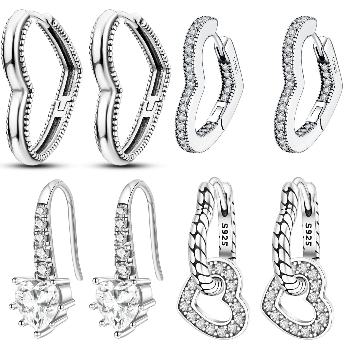 925 Sterling Silver Simple Love Heart Zircon Circle Hoop Earrings Jewellery