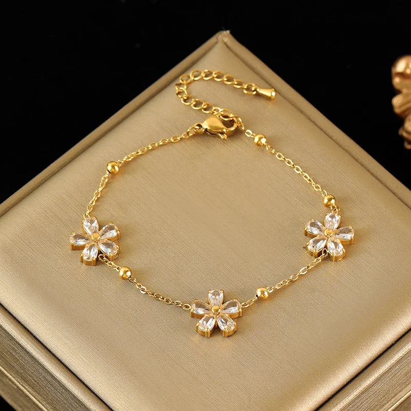 Colored Transparent Stone Stainless Steel Bracelet Exquisite Thin Chain