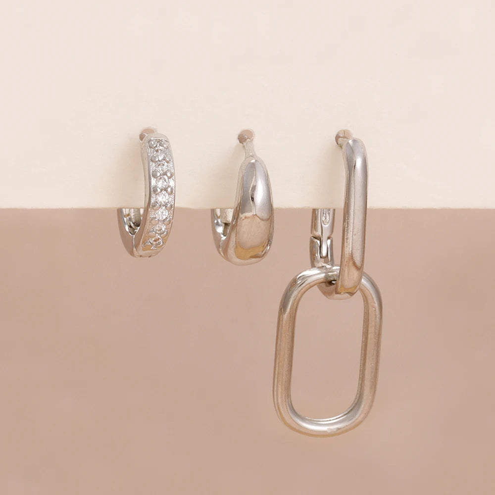 3PCS Stainless Steel Zircon Hoop Earrings Set Gold Colour Piercing