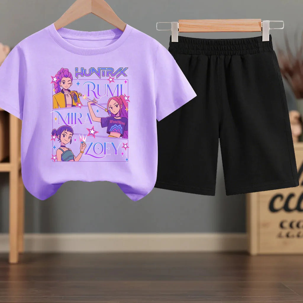 K-pop Girls Summer Casual T-Shirt and Shorts 2-Piece Fashion Outfit
