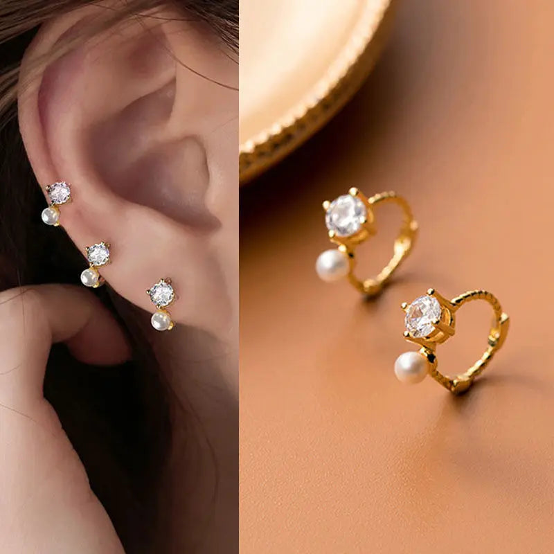 2023 New Gold Colour Pearl Zircon Small Hoop Earrings Korean 6-10mm