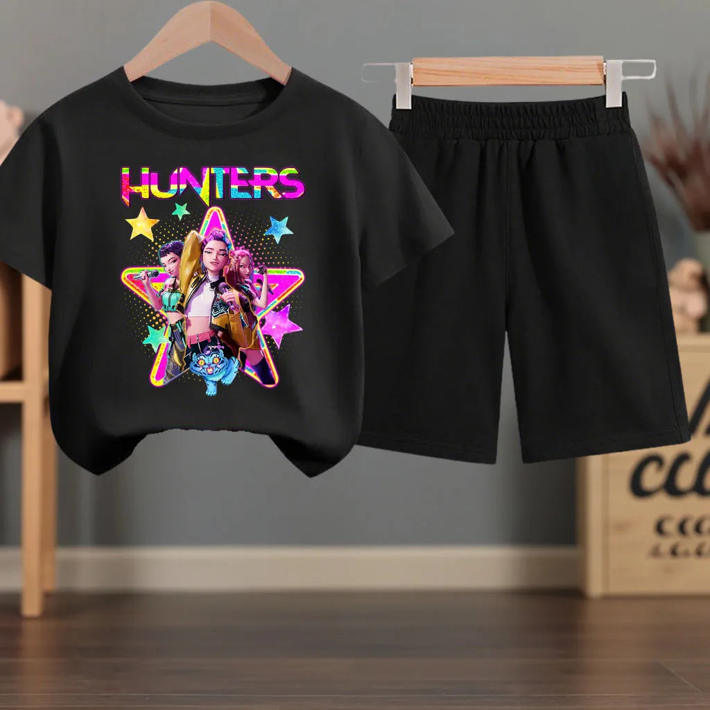K-pop Girls Summer Casual T-Shirt and Shorts 2-Piece Fashion Outfit
