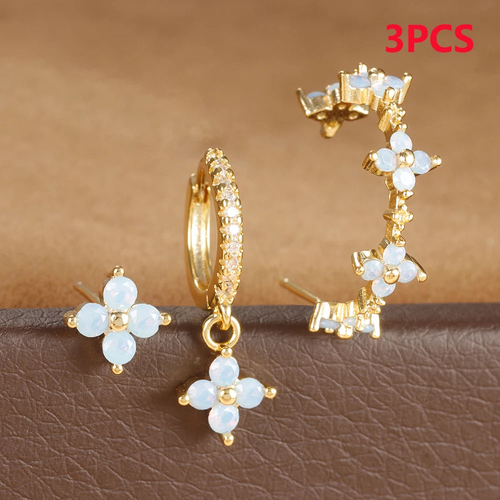 3PCS Zircon Flower Pendant Earring Sets Stainless Steel Cartilage