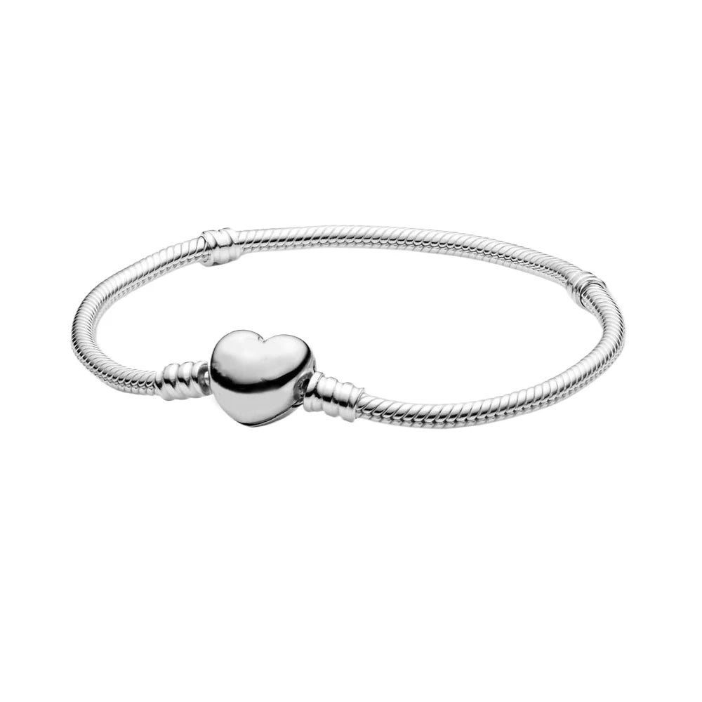 For Women 925 Sterling Silver Moments Heart Closure Bracelet Classic Snake Chain Jewelry Gift Fit Original Charm DIY