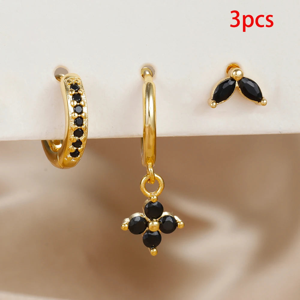 3PCS Exquisite Green Zircon Hanging Earrings Stainless Steel Flower