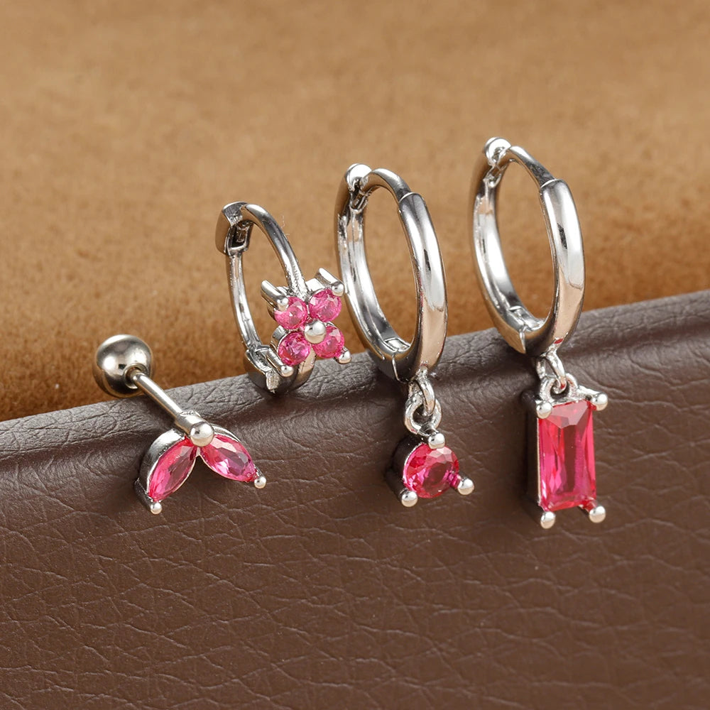 4PCS Green Crystal Zircon Stainless Steel Hoop Earrings Square Set