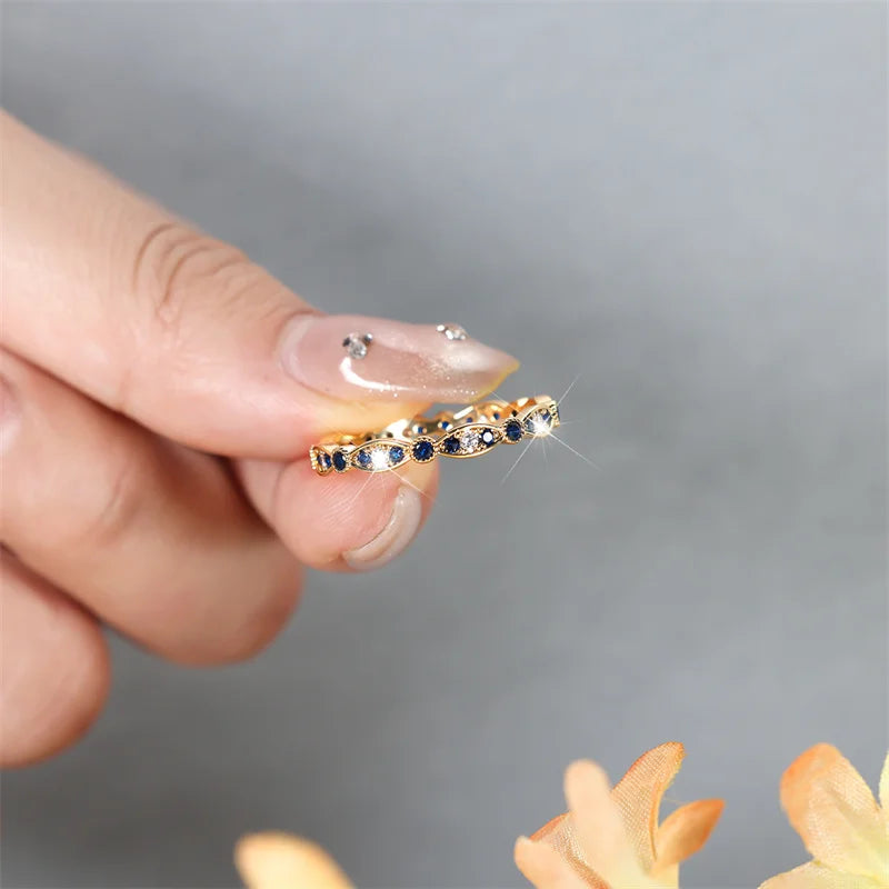 Delicate Tiny Royal Blue Stone Stacking Thin Rings For Women Gold Color White Zircon Wedding Bands Female Daily Party Jewelry CZ