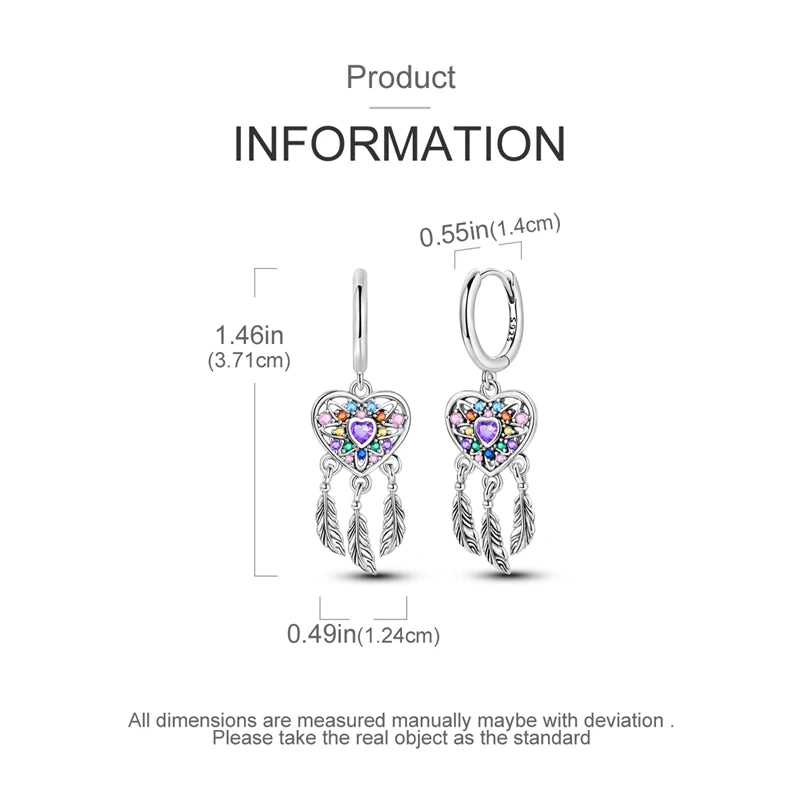 925 Sterling Silver Heart Dreamcatcher Drop Earrings Fashion Versatile Gift