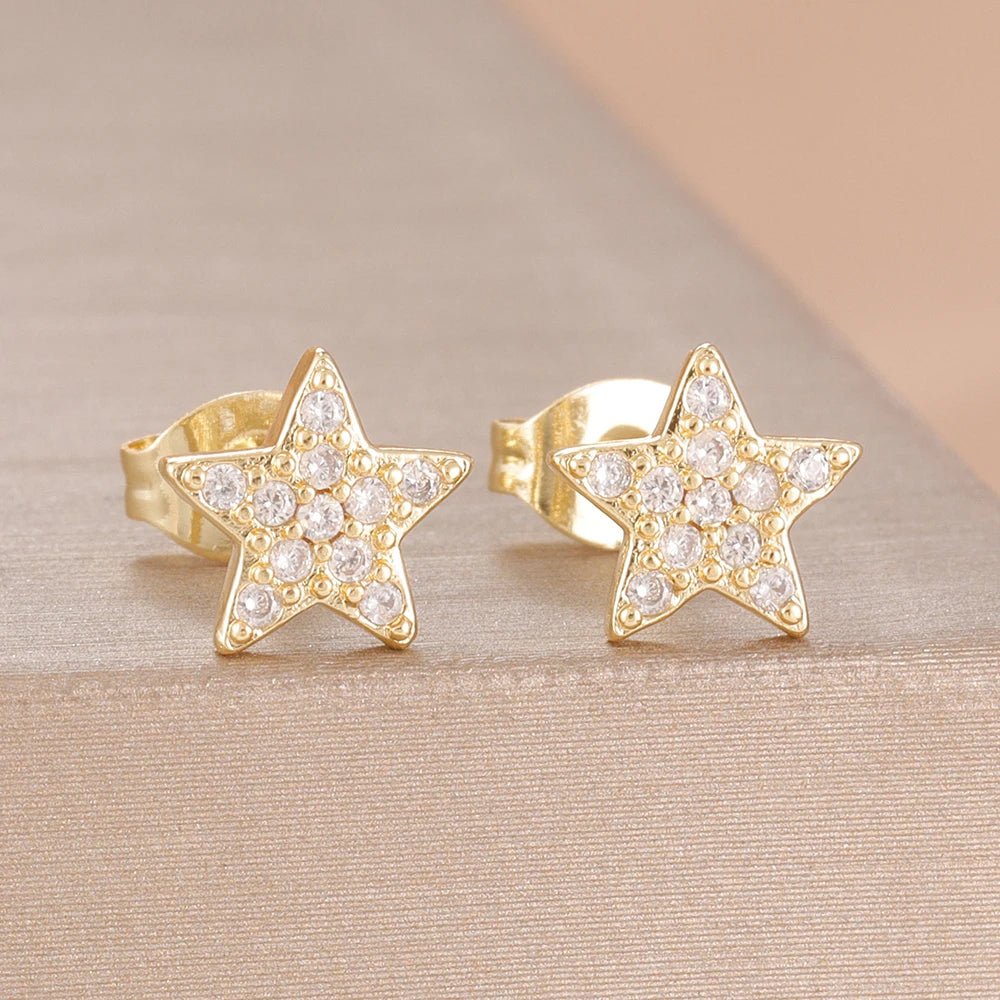 2PCS Fashion Geometry Zirconia Twinkle Star Stud Earrings Shinny