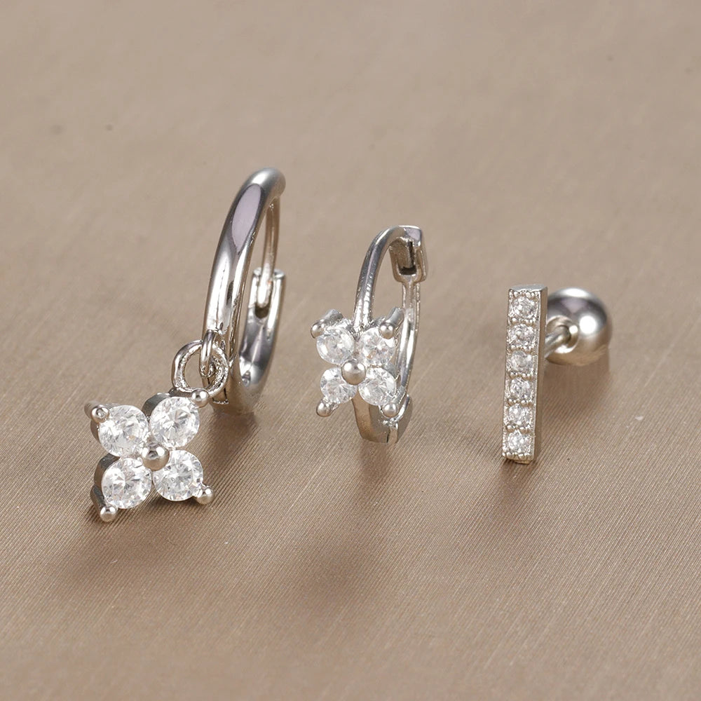 3PCS Vintage Design Four Flower Zircon Hoop Earrings Set Steel