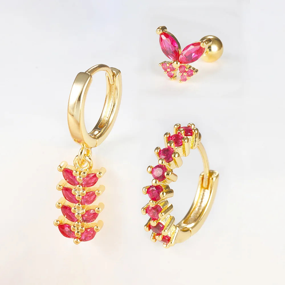 3PCS Zircon Leaf Hoop Earrings Set Stainless Steel Butterfly Studs