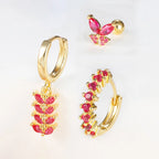 3PCS Zircon Leaf Hoop Earrings Set Stainless Steel Butterfly Studs