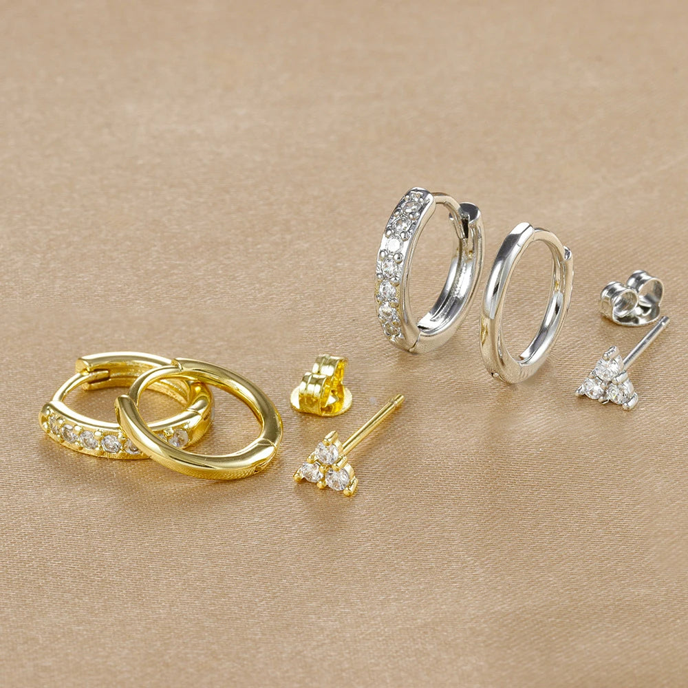 3PCS Stainless Steel CZ Zircon Huggie Hoop Earrings Flower Studs