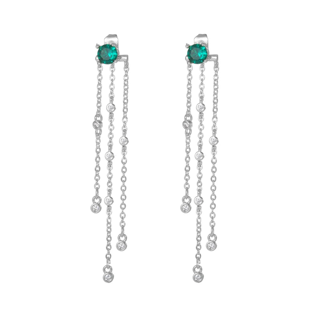 Green Zircon Tassel Chain Stainless Steel Hoop Earrings 18K Gold