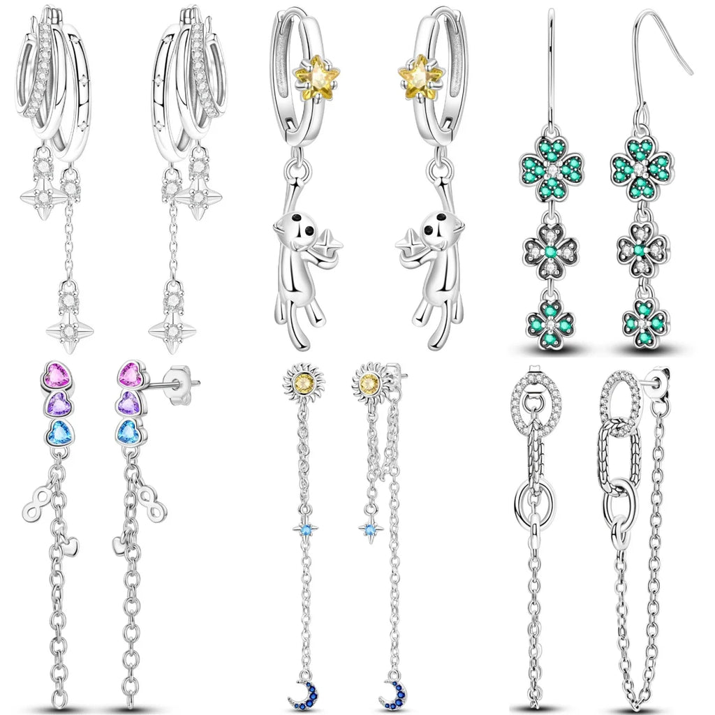 925 Sterling Silver Tassel Zircon Ear Studs Sparkling Hoop Earrings Gift