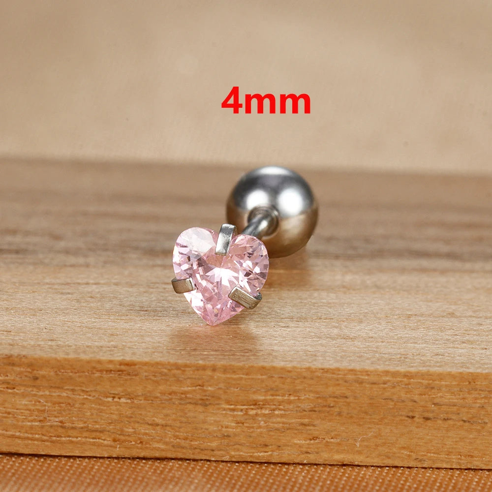 1PC Simple Pink Cubic Zirconia Heart Small Stud Earrings Steel