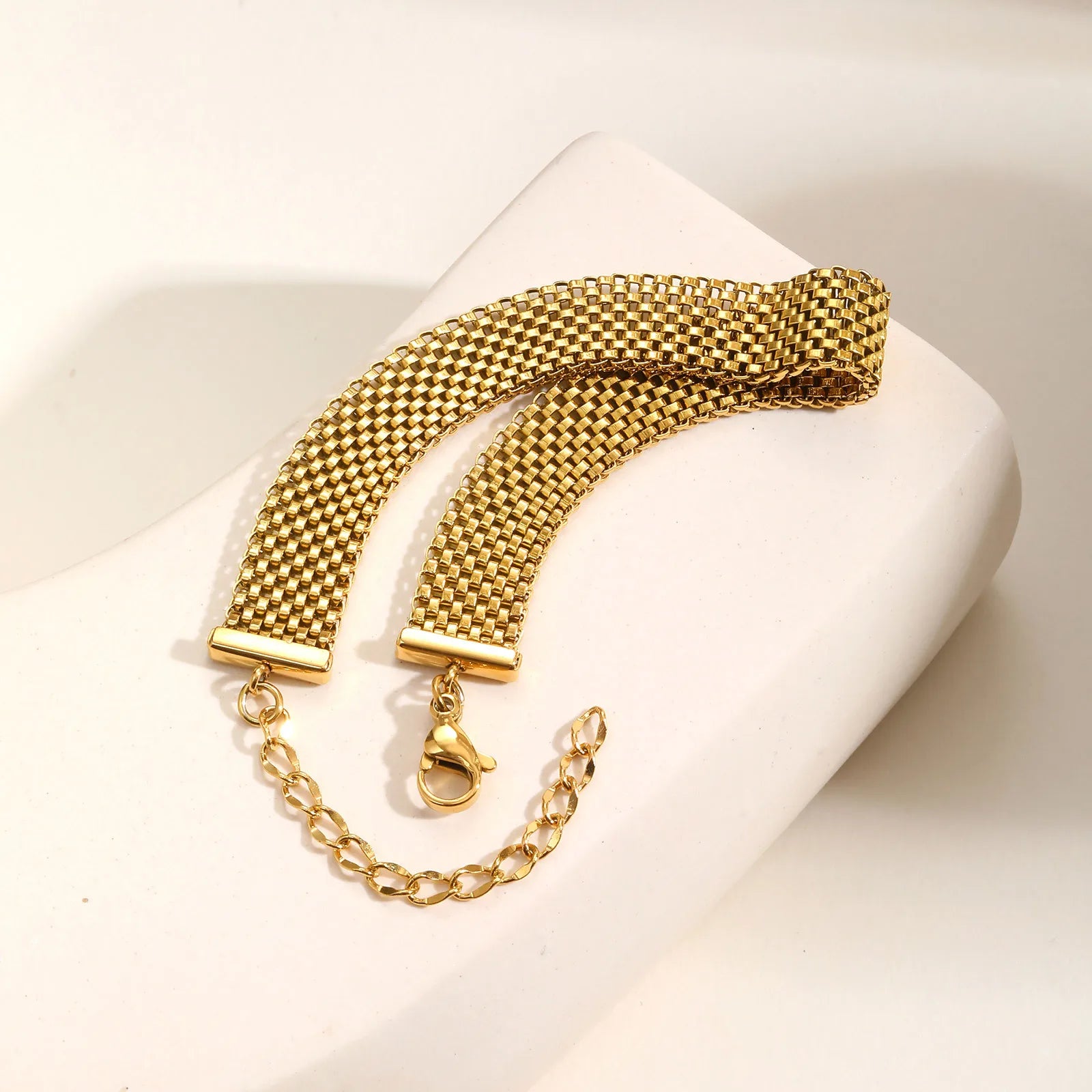 Stainless Steel Chain Women Bracelet, Wide Brand Mesh Link Adjustable Wristband, 18k PVD Gold Plated Vintage Jewelry