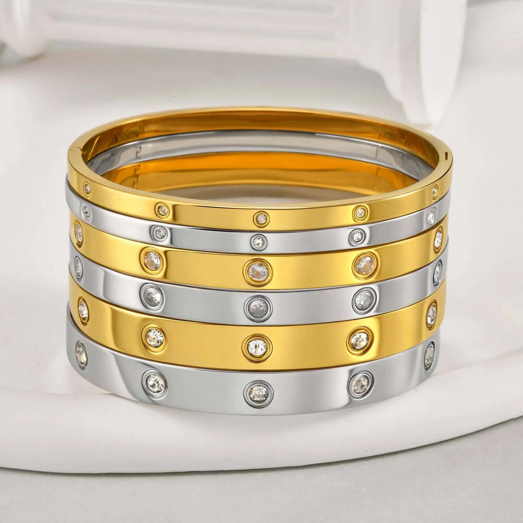 Cubic Zirconia Love Friendship Bracelets,6mm 4mm Women Bangles With CZ Stones, 18K Gold Plated Stainless Steel Jewelry