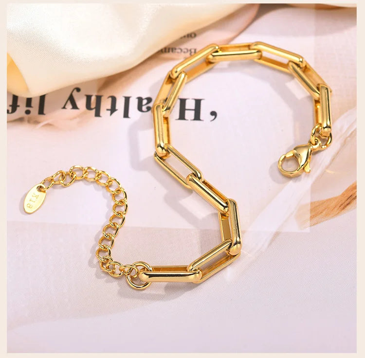 6mm Paperclip Chain Bracelet 18k Gold Plated Stainless Steel Link Adjustable Stackable Jewelry for Women Girls Gift