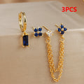 3PCS Fashion Double Ear Hole Chain Crystal Ear Stud Earring Set