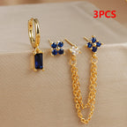 3PCS Fashion Double Ear Hole Chain Crystal Ear Stud Earring Set
