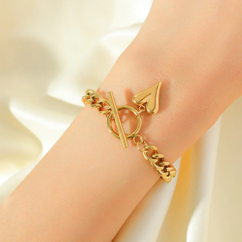 Heart Love Stainless Steel Charm Bracelet 18K Gold Plated Waterproof