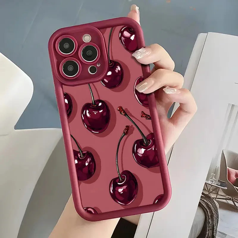 Luxury Wine Red Cherry Case for iPhone 16 15 17 14 13 12 11 Pro Max 7 8 Plus