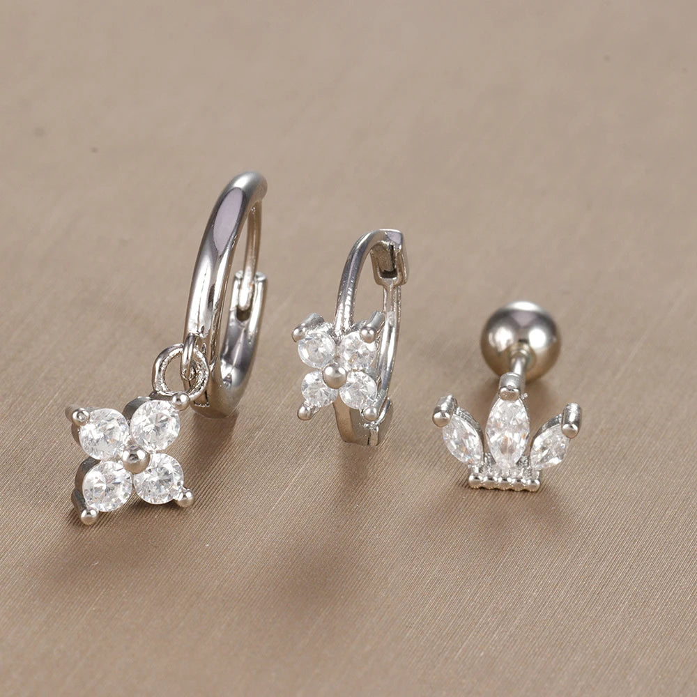3PCS Vintage Design Four Flower Zircon Hoop Earrings Set Steel