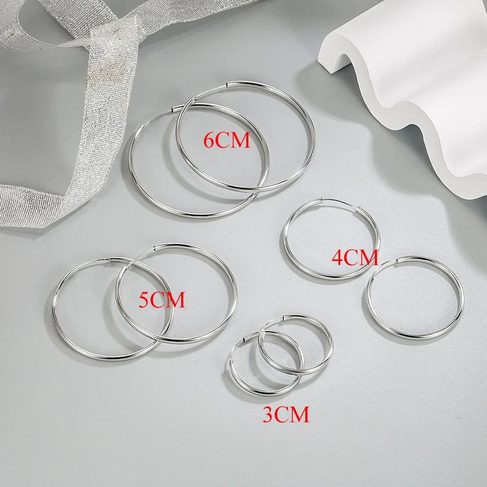 Genuine 925 Sterling Silver Round Hoop Earrings Women New Fashion Jewellery