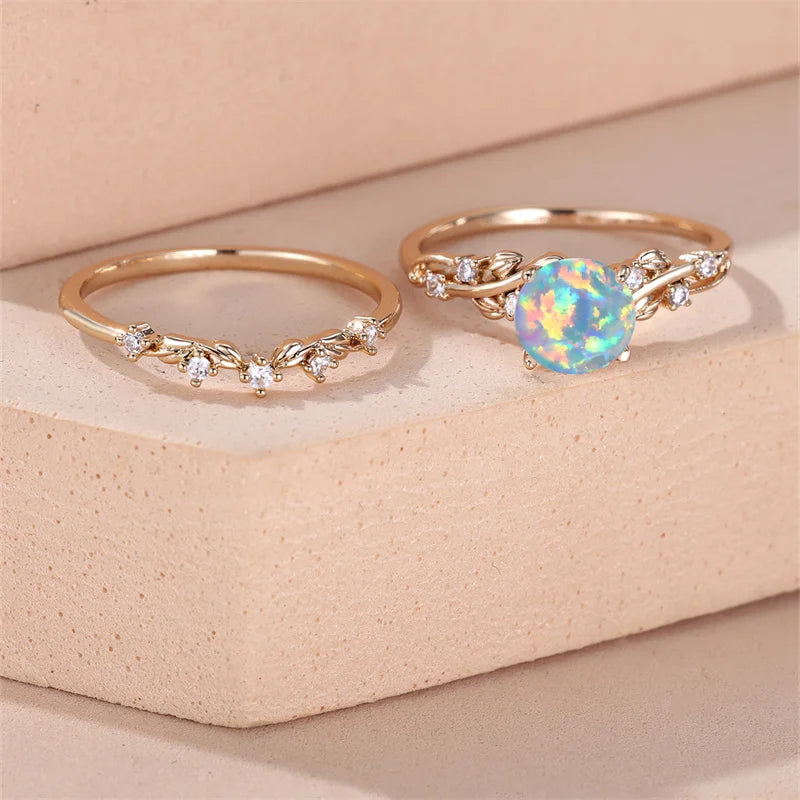 2pcs Rainbow White Fire Opal Ring Round Bridal Sets Gold Silver Color Promise Engagement Ring Set For Women Zircon Wedding Bands