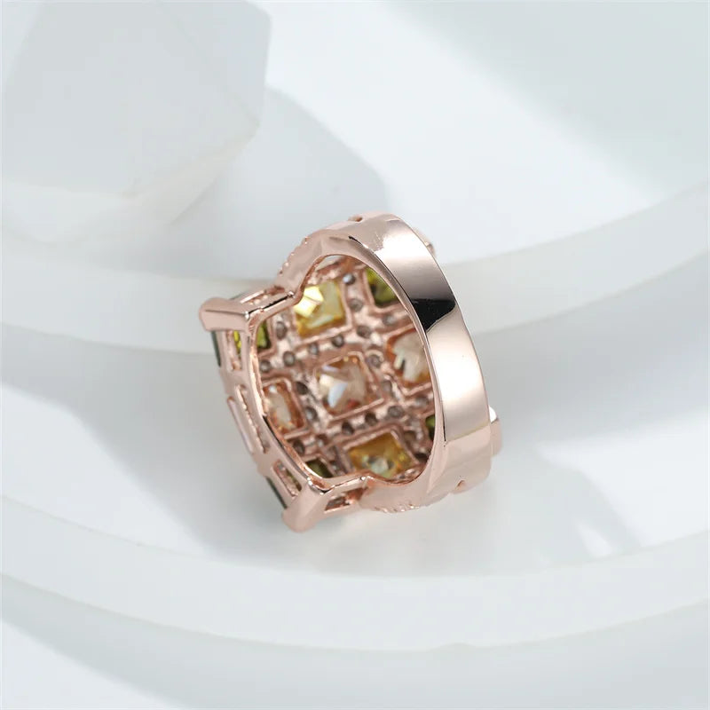 Luxury Female Multicolor Zircon Large Square Rings For Women Rose Gold Color Yellow Olive Green Stone Big Cocktail Ring Jewelry