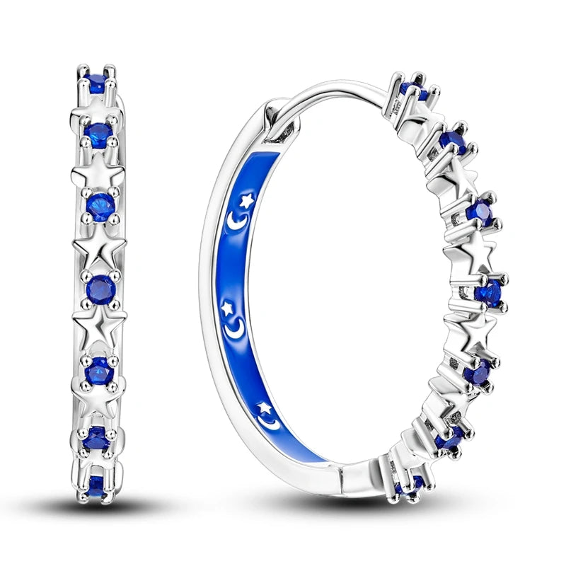 925 Sterling Silver Geometric Minimalist Blue Zircon Circle Hoop Earrings Gift