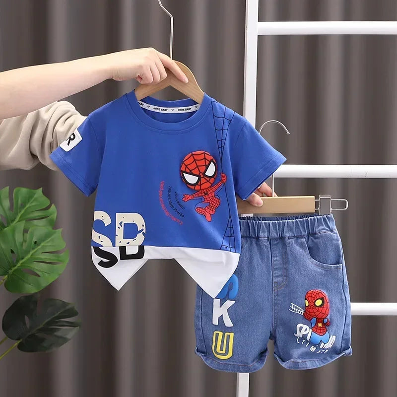 Summer Boys Spiderman Short Sleeve T-Shirt & Jeans Set Kids Fashion Clothing