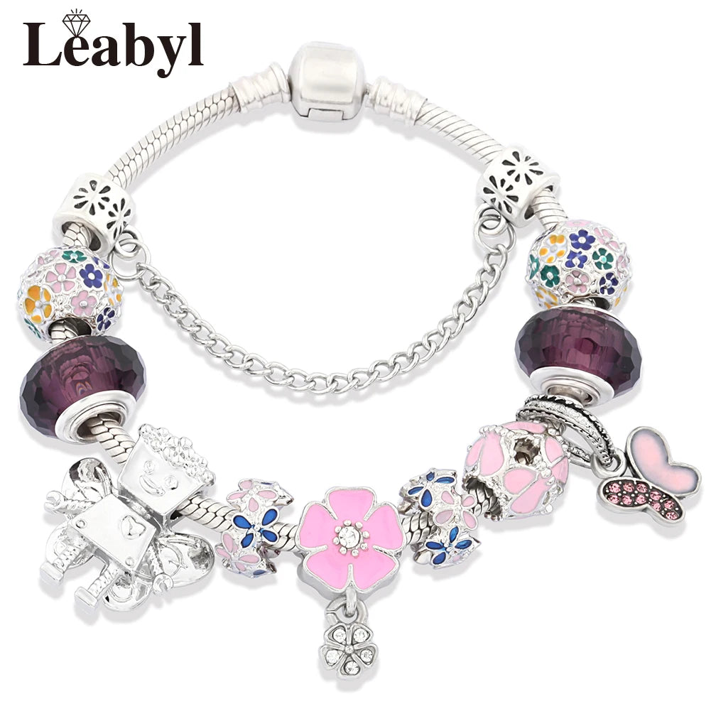 Romantic Pink Heart Charm Bracelet Fine Crystal DIY Bead Bangle Gift
