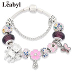 Romantic Pink Heart Charm Bracelet Fine Crystal DIY Bead Bangle Gift