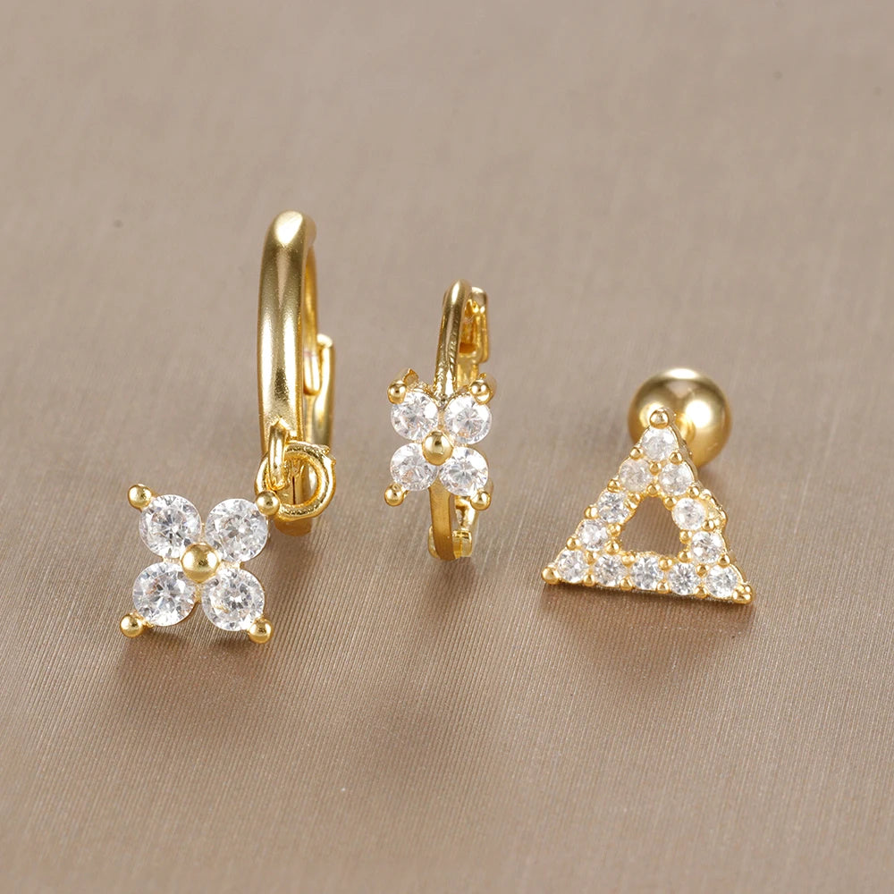 3PCS Vintage Design Four Flower Zircon Hoop Earrings Set Steel