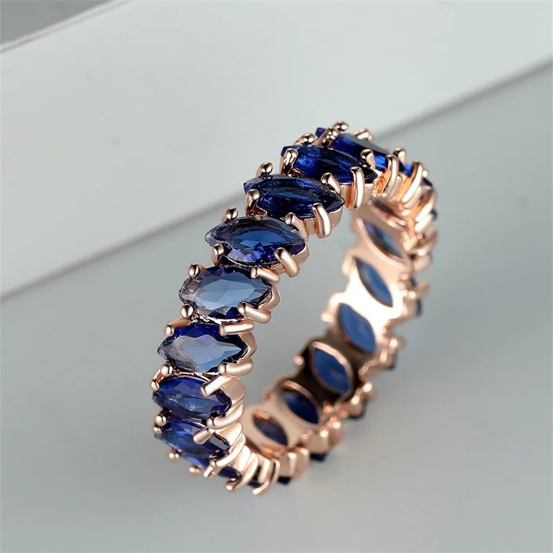 Bohemian Royal Blue Stone Leaf Rings For Women Silver Rose Gold Color Horse Eye Zircon Wedding Bands Birthday Party Jewelry Gift